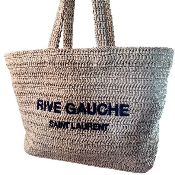 NWT YSL Rive Gauche Embroidered Rafia Tote Bag - Picture 5 of 12